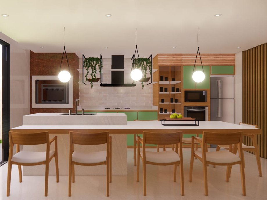O Espaço Gourmet dessa residência, foi projetado com soluções ecológicas que estimulam o desenvolvimento sustentável da família. Os materiais escolhidos são de baixo impacto ambiental, como a porta de vidro, que foi escolhido para a residência receber luz natural, pois a luz natural proporciona sensação de amplitude e dispensa o consumo de energia elétrica em grande parte do dia. No acabamento foi utilizado madeira de reflorestamento e de bambu, a tinta escolhida foi ecológica. Plantas naturais para deixar o ambiente mais umidificado. Os revestimentos foram da Portobello o revestimento cambridge white para destaque na parede, o Porcelanato Ms. Barcelona cristal para deixar o ambiente elegante, Porcelanato Mos Ripa para destaque no armário. Arquiteta Naiane Rodrigues #ConcursoArchtrendsCasoca