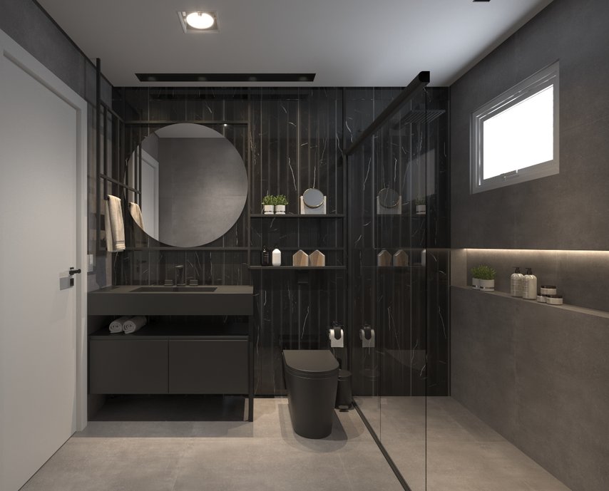 Composto por diferentes materiais como o mármore e o cimento, esse banheiro ''all black'' é pura personalidade. Elementos nobres como o ferro, também fazem parte da proposta e garantem a harmonia do ambiente.