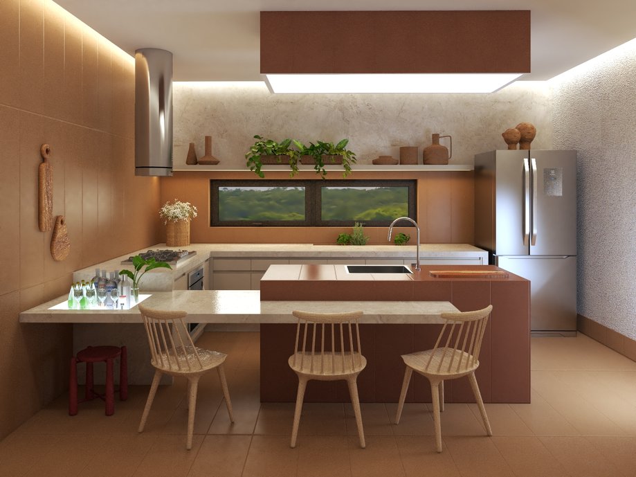 Visão geral da Cozinha Terra, em primeiro plano a bancada de refeições que abriga um bar iluminado e conecta-se à área de cocção. A ilha central é o volume em destaque.