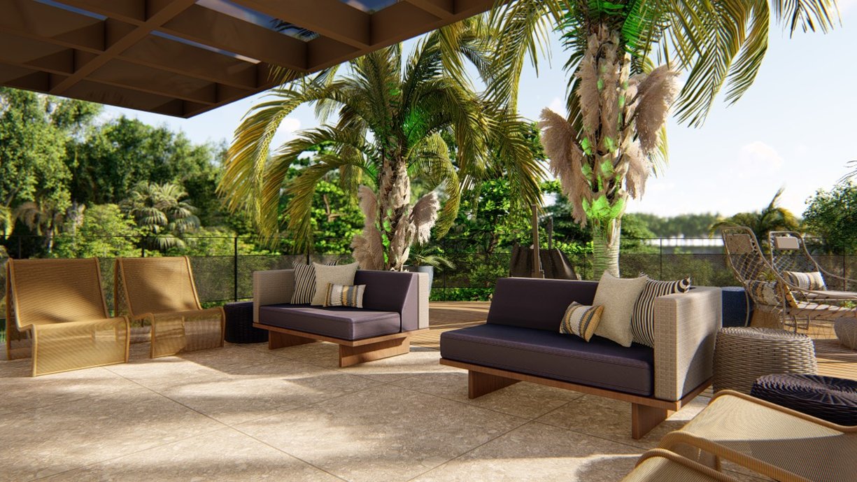 Utilização do Porcelanato Pietra Lombarda Sépia 120x120 em volta da piscina. As bordas da piscina foram feitas com o mesmo material.