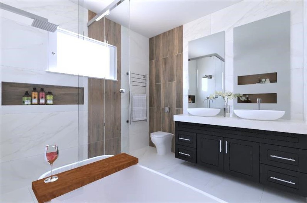 Lateral Bancada Porcelanato Covelano, com cuba de apoio.