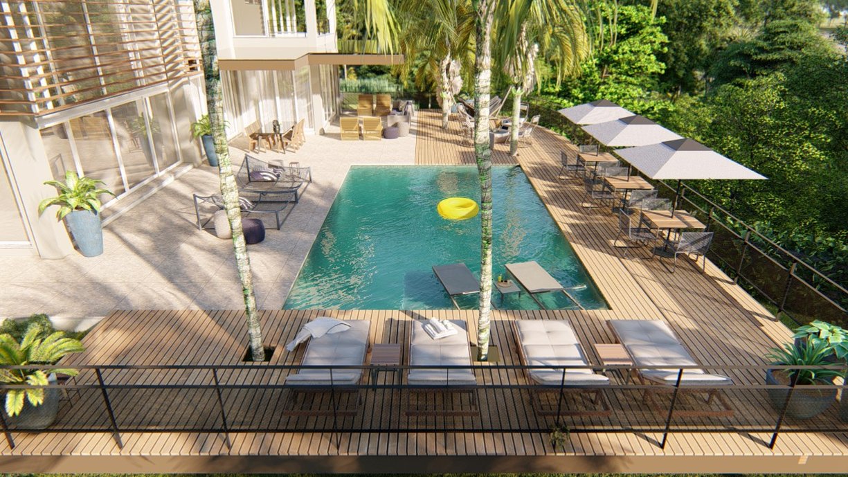 Utilização do Porcelanato Pietra Lombarda Sépia 120x120 em volta da piscina. As bordas da piscina foram feitas com o mesmo material.