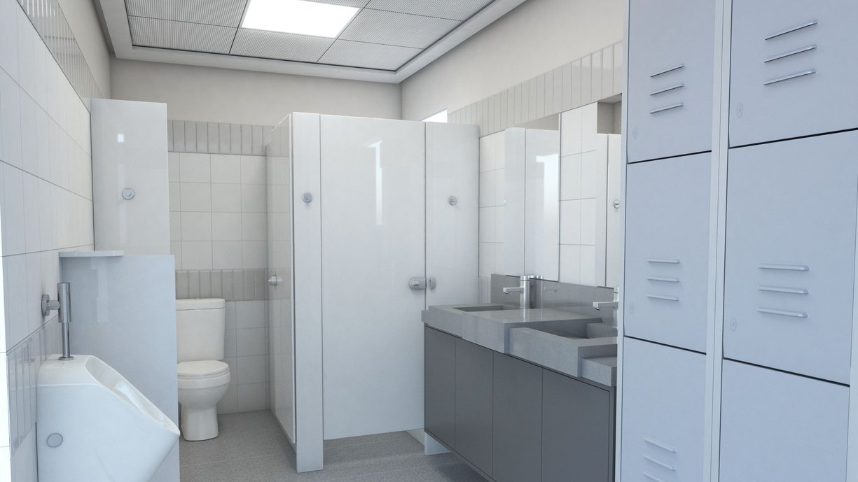 Foto interna do vestiário masculino de empresa no interior de São Paulo