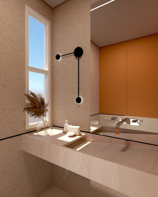 Lavabo combinando tons os neutros do Travertino Navona Bianco e Fineart Sand, evidenciados pelo filete Metallica Plan Black, bancada em corte especial, produtos da linha Docol Square.