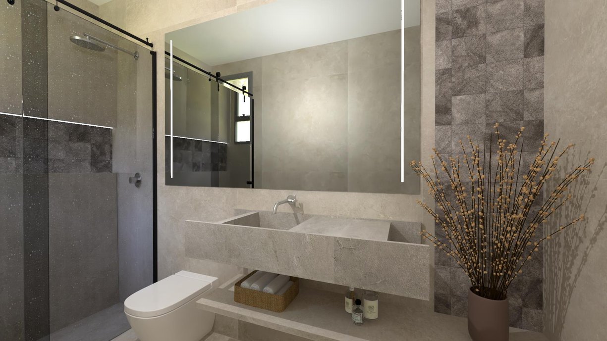 Combinação entre a pedra natural e o concreto interpretados em porcelanato representado no piso, parede e bancada no Berliner Weiss 120x120 NAT. Nos destaques a força da natureza em forma de pedra no Magma Rock Grigia EXT. 