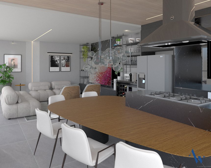 Área do gourmet vista da cozinha, contemplando um pedaço da cozinha, sala de jantar e ao fundo a sala de estar/tv. Nesta vista podemos observar o uso de materiais sustentáveis, como o porcelanato, que é utilizado na bancada de cocção, a ilha, no móvel que abraça a adega e a cervejeira, e no painel atrás da tv. #ConcursoArchtrendsCasoca