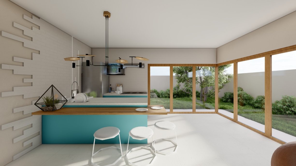 Cozinha integrada, com balcões planejados, bancada da pia em quartzo branco, bancada mais baixa para refeições em madeira de demolição e revestimentos Gouache Brume e Soma Concreto Puro com detalhes no perfil metálico Met Lumi Corner.