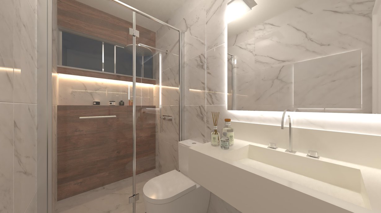 Opção de banheiro com mistura de madeira e mármore, o fundo do nicho com duas opções: a primeira com o Pau Brasil Natural 20x120 e a segunda com o Golden Calacata 60x120.