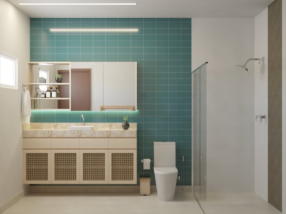 Banheiros renovados através das lindas cores dos revestimentos e nova marcenaria. 