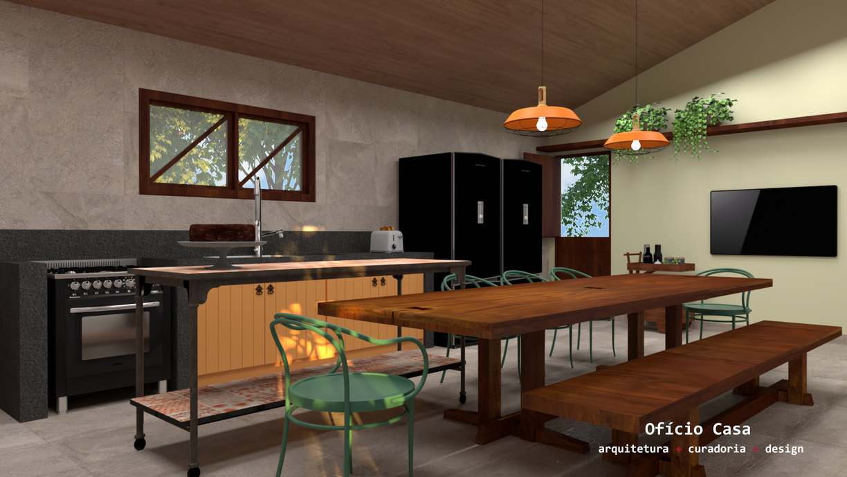Revestimento de piso e parede da bancada Portobello Concretissyma Matiz Grigio e patchwork Portobello Nature Rouge