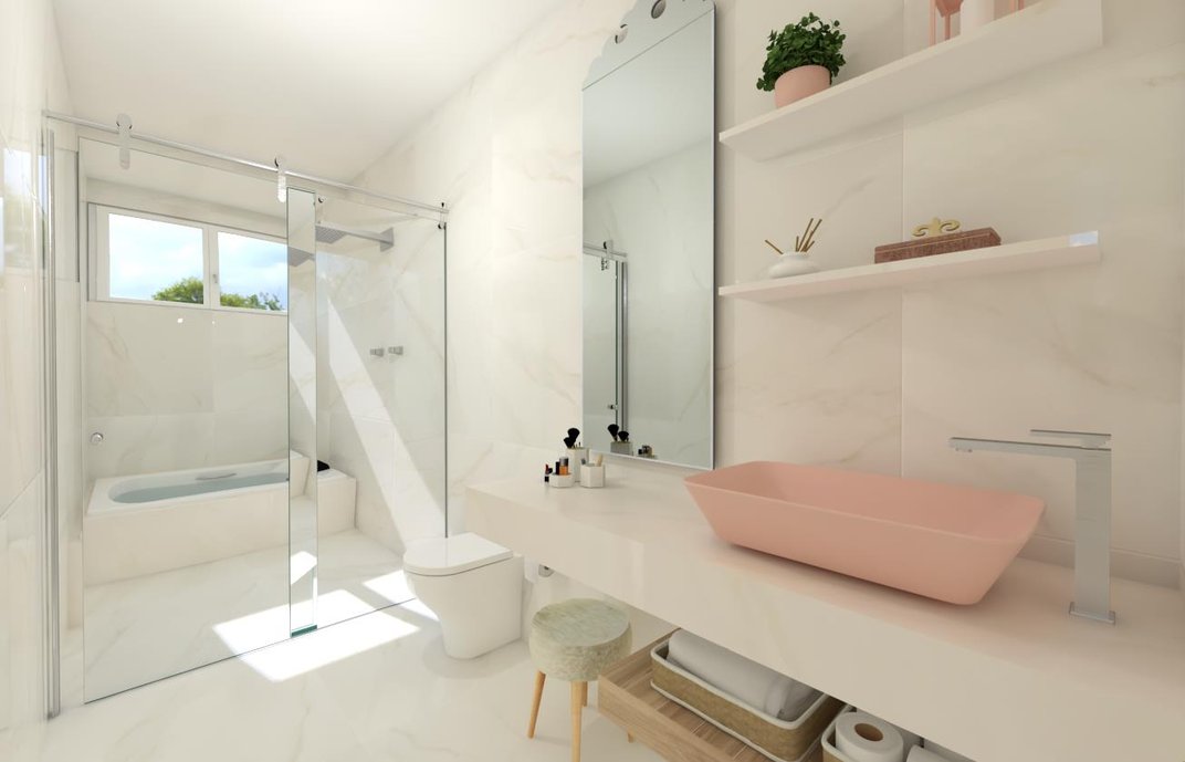 Banheiro revestido piso e parede no porcelanato Bianco Covelano 120x20 NAT. e bancada de apoio no mesmo porcelanato polido. 