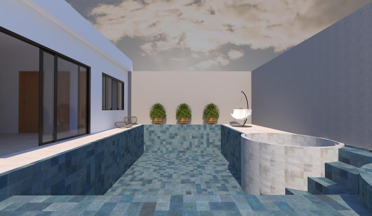 Tendência que veio para ficar. Em toda extensão da piscina foi usado o revestimento Barlavento Sea e no spa foi usado o Barlavento Blanc. 
