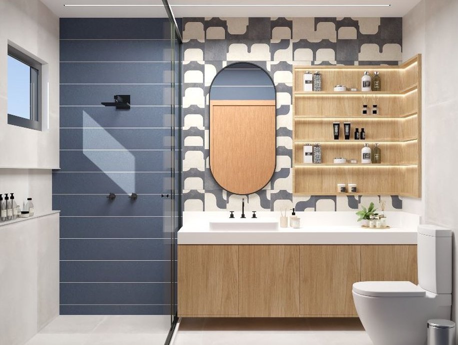 Banheiro suíte Casal.
Utilizamos os revestimentos MATERIA_PRIMA: AZUL e o NEOTROPICAL BLACK MIX nas paredes.
No piso utilizamos o NORD RIS.
Amamos a composição!