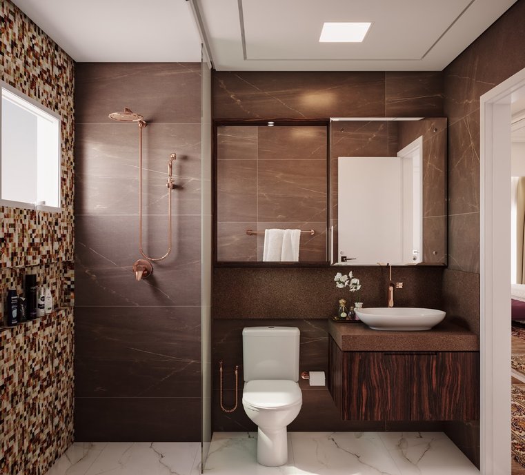 Neste banheiro com decoração sóbria em tons de marrom, as paredes receberam o revestimento Bronze Armani e no piso Bianco Paonazzetto ambos porcelanatos da linha Marmi Classico da Portobello.