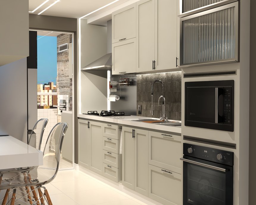 Para essa cozinha de 25m2, casamos todas as necessidades dos clientes alinhando elegância com funcionalidade e ergonomia.