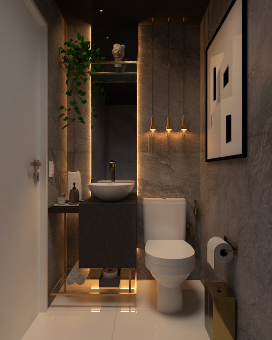 Nesse lavabo predomina a elegância e o acolhimento, tendo em vista que e um ambiente social e feito para ser visto.