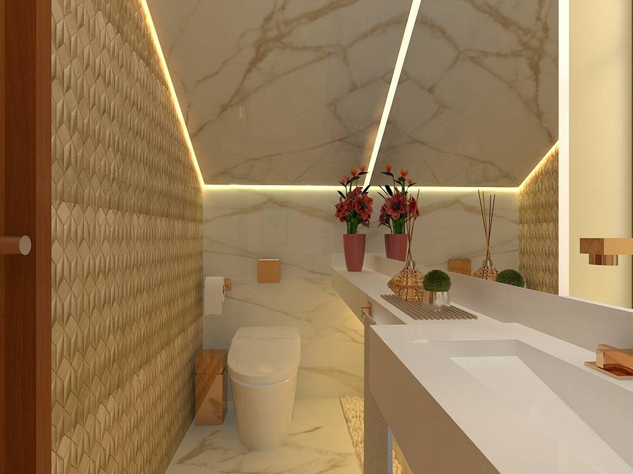 Aproveitar o espaço embaixo da escada e criar um lindo lavabo é uma ótima solução para sobrados pequenos que não possuem banheiro no térreo. Com criatividade e a escolha de materiais elegantes, o vão da escada, antes inutilizado, se transformou nesse lavabo super atual.