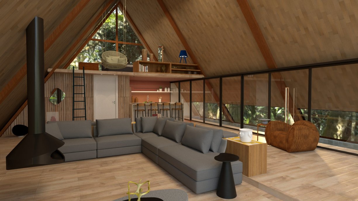 Living da Cabana integrando - se com piscina, cozinha e quarto.