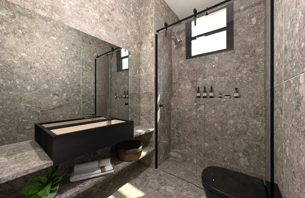 Um banheiro dos sonhos. Sofisticação e leveza sem encontram nos detalhes do revestimento Pietra Lombarda Grigio 120x120 NAT. com a linda Sonatta. 
