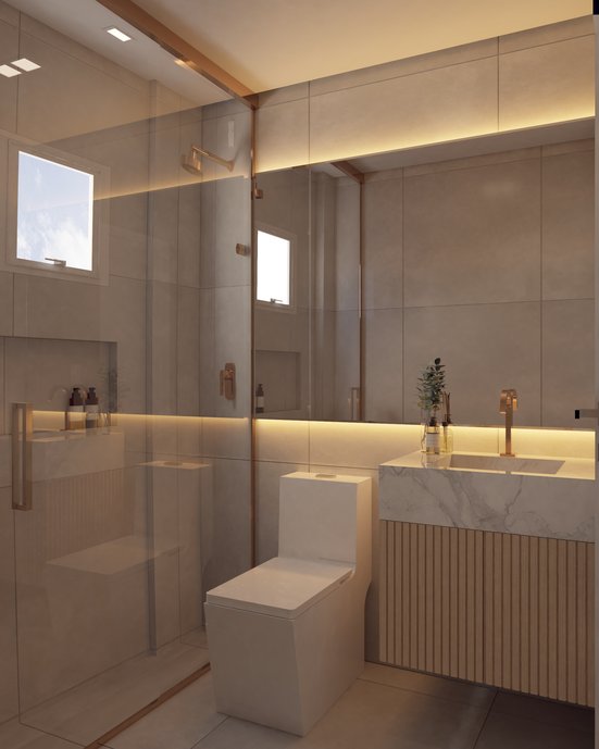 Banheiro clean e elegante com o mesmo revestimento em todos os planos.