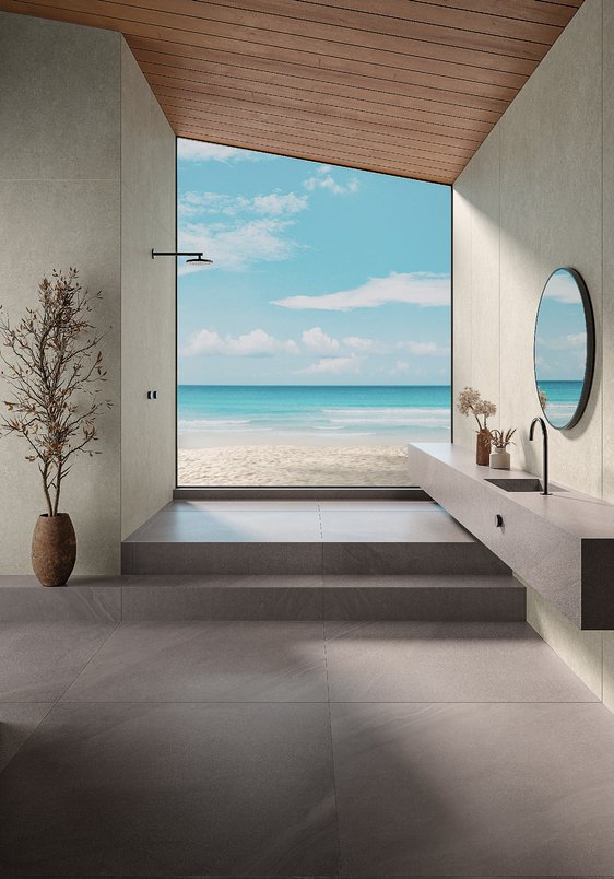 Banheiro com vista para o mar.
