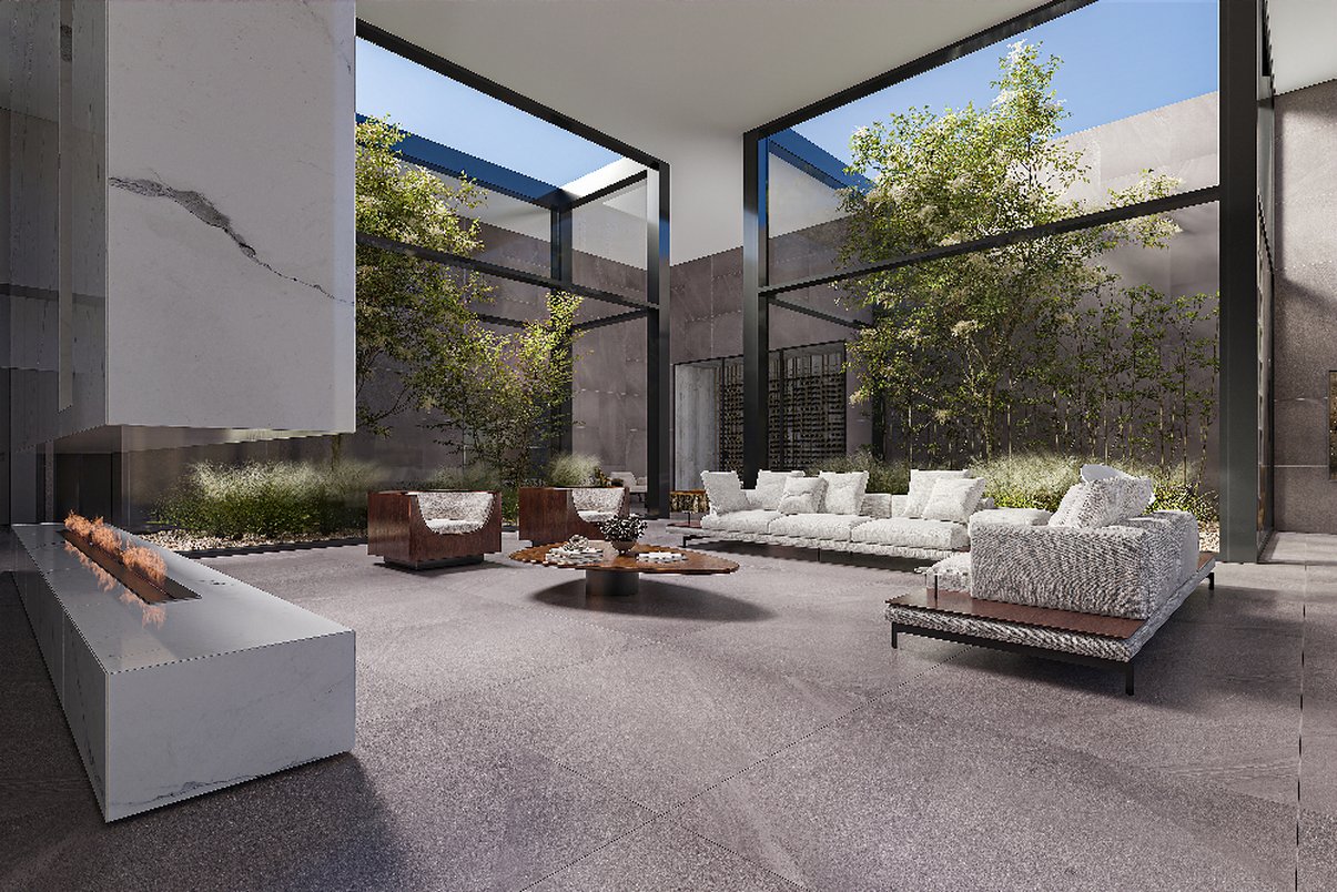 Sala contemporânea com lareira integrada à natureza, exterior da casa com plantas (Projeto: Granatti Junior)