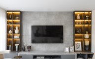 Living Integrado com rack de televisão em porcelanato