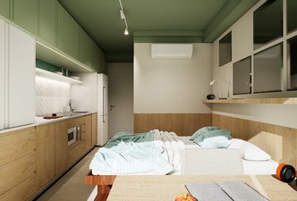 Apresento o nosso mais recente projeto de arquitetura de interiores: um estúdio aconchegante e funcional. 