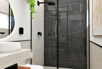 Banheiro com Nero Venato e Pietra Lombarda Off White! 